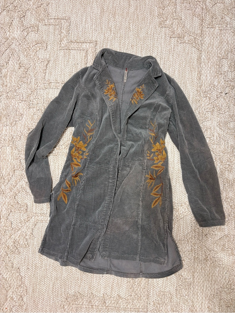 XCVI Gray Corduroy Trench Coat with Mustard Floral Embroidery